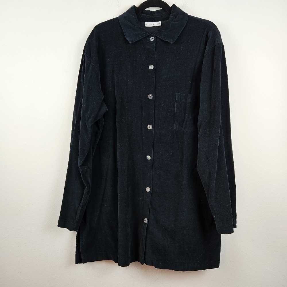 Bryn Walker L black Corduroy long Sleeved Tunic Button-Front Shirt Top Lagenlook